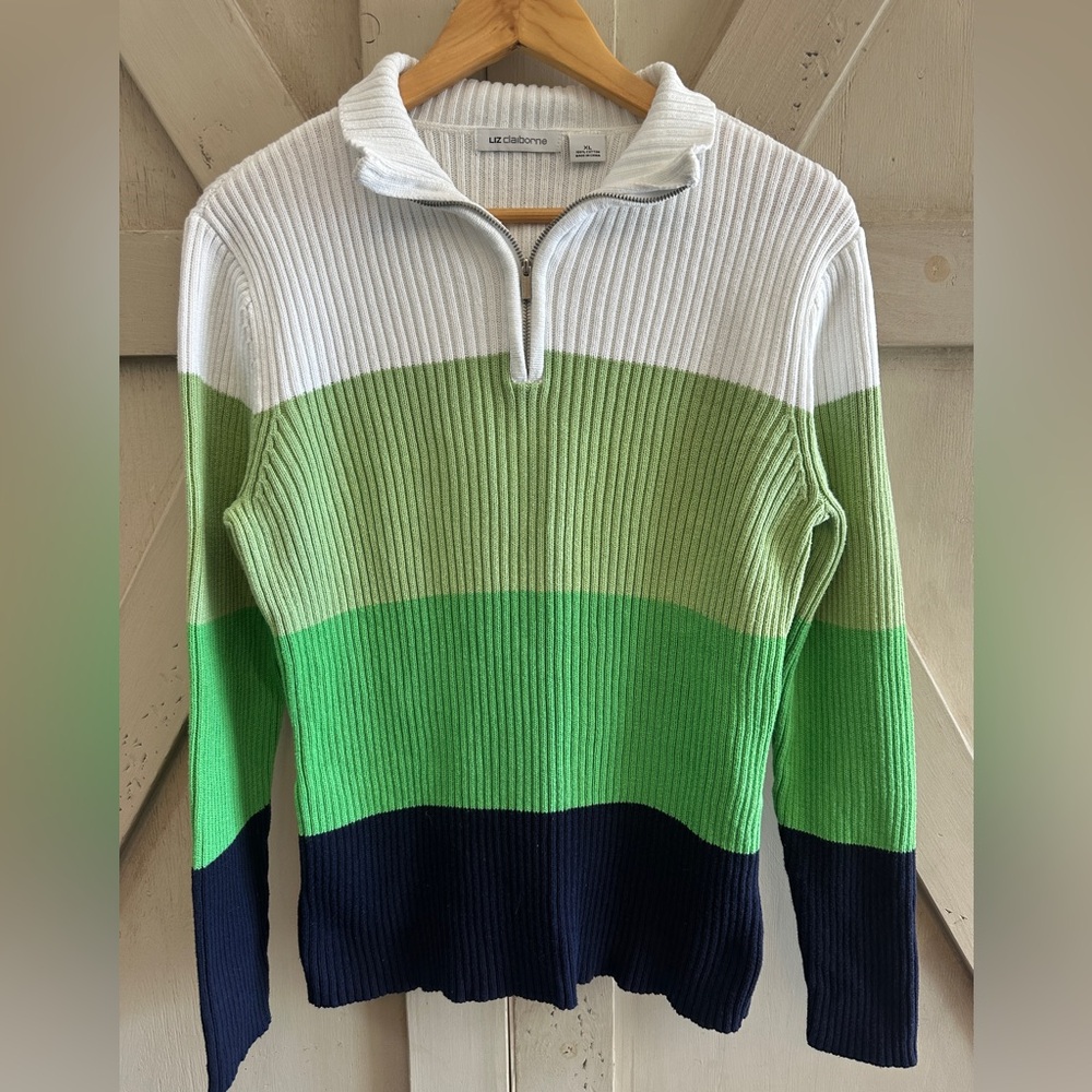Liz Claiborne XL Ribbed Colorblock Quarter Zip Cotton Sweater Green White Navy